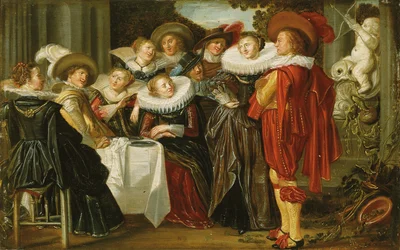 Eine elegante Gesellschaft beim Mittagessen auf einer Terrasse, 1623