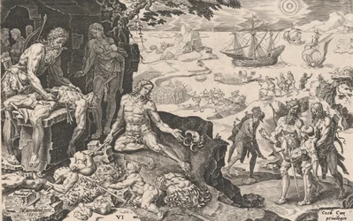 Die kaiserlichen Truppen bringen Zivilisation zu den Indianern, aus Die Siege des Kaisers Ch..., 1555