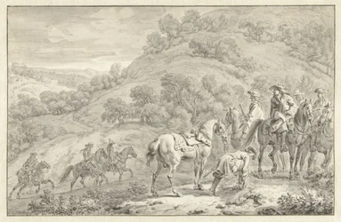 Berglandschaft mit abgestiegenem Reiter und anderen Jägern zu Pferd