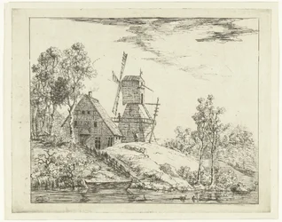 Landschaft mit Bauernhof und Mühle in Holstein