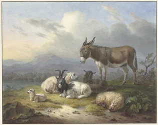 Landschaft mit Esel, Ziege und Schafen