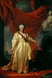Porträt von Katharina II. der Gesetzgeberin im Tempel der Göttin der Gerechtigkeit, frühe 1780er Jahre