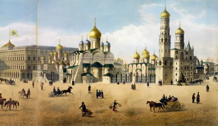 Kathedralen der Verkündigung und des Erzengels, aus einem Panorama von Moskau, graviert von Philippe Benoist und Aubrun