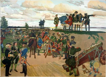 Gründung der Festung Sankt Petersburg durch Peter den Großen (1672-1725) im 18. Jahrhundert. Werk von Dmitri Nikolayevich Kardovsky (Kardovski) (1866-1943), Lithografie
