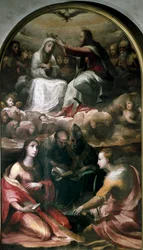 Christus krönt die Jungfrau Maria und vier Heilige (Heilige Maria Magdalena, Heiliger Antonius von Padua, Papst Gregor I. der Große und Heilige Katharina von Alexandria)