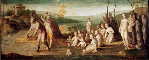 Deukalion und Pyrrha. Gestalten der griechischen Mythologie, die nach der Sintflut Steine werfen, aus denen Menschen entstehen. Um 1525-1530. Maße: 53x134 cm. Italien, Florenz, Horne-Stiftung (Firenze, Fondazione H
