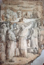 Geschichte des Moses auf dem Berg Sinai: Die Hebräer erwarten die Rückkehr des Moses. Vorzeichnung für den Fußboden des Doms von Siena. Lebensdaten des Künstlers: 1486-1551. Italien, Siena, Nationale Pinakothek (Siena, Pinacoteca Nazionale).