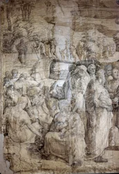 Geschichte des Moses auf dem Berg Sinai: Die Hebräer erwarten die Rückkehr des Moses. Vorzeichnung für den Fußboden des Doms von Siena. Lebensdaten des Künstlers: 1486-1551. Italien, Siena, Nationale Pinakothek (Siena, Pinacoteca Nazionale).