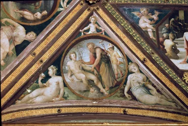 Prometheus erschafft den Menschen unter dem Blick von Merkur, der einen Helm und geflügelte Sandalen trägt (Fresko)