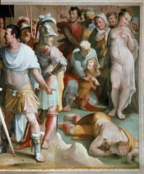 Die Ermordung des reichen römischen Plebejers Spurius Maelius (5. Jahrhundert v. Chr.), Detail. Fresko von Domenico di Giacomo di Pace, genannt Beccafumi (1486-1551), 1529-1535, Siena, Palazzo Pubblico