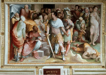 Die Ermordung des reichen römischen Plebejers Spurius Maelius (5. Jahrhundert v. Chr.). Fresko von Domenico di Giacomo di Pace, genannt Beccafumi (1486-1551), 1529-1535, Siena, Palazzo Pubblico