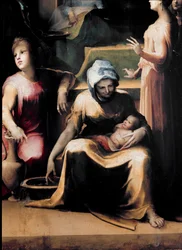 Die Geburt der Jungfrau Maria. Detail mit einer Magd und dem Neugeborenen. Lebensdaten des Künstlers: 1486-1551, um 1540-1543. Maße: 233x145 cm. Italien, Siena, Nationale Pinakothek (Siena, Pinacoteca Nazionale).