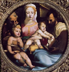 Tondo, das die Heilige Familie mit Johannes dem Täufer und einem Stifter darstellt