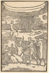Vulkan und der Philosoph (Teoria) begeben sich auf die Suche nach den in Felsen eingeschlossenen Metallen, Blatt 2 der Folge "De la Pirotechnia"