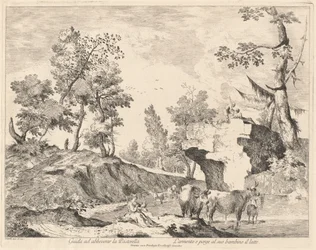 Landschaft mit Schäferin und Herde an einer Tränke
