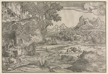 Landschaft mit Heiligem Hieronymus und zwei Löwen
