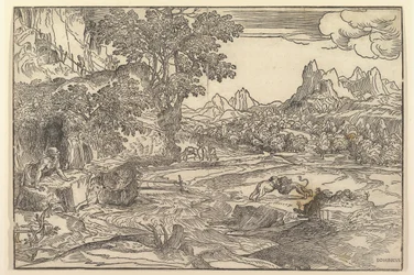 Landschaft mit dem Heiligen Hieronymus links, der auf einen Löwen und einen Bären schaut, die in der Mitte kämpfen..., ca. 1530-35