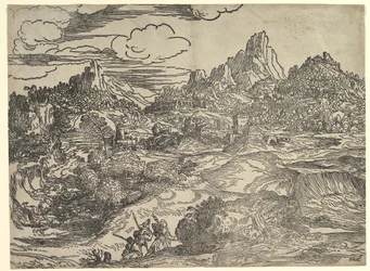 Landschaft mit Familie, die im Vordergrund spazieren geht, links zwei Figuren, ca. 1535-40