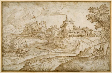 Gebirgige Landschaft mit einem Castello und anderen Gebäuden an einem Fluss; ein Mann eilt mit einer Frau, rechts, ca. 1540