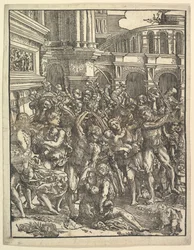 Das Massaker der Unschuldigen, rechte Seite mit einer Gruppe männlicher Figuren, die Frauen angreifen, 1517