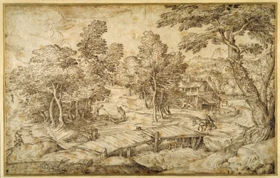 Waldlandschaft mit einem Bauernhof und einer Holzbrücke über eine Schleuse
