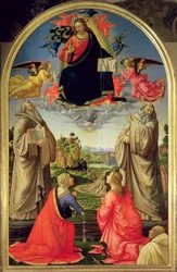Christus in Herrlichkeit mit St. Benedikt (ca. 480-547), St. Romuald (ca. 952-1027), St. Attinia, St. Grecinia und dem Stifter, Abt Buonvicini, 1492 (Tafel)