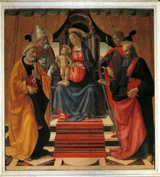 Heilige Konversation. Die Jungfrau Maria und Jesus Christus umgeben von St. Peter, St. Paul, St. Sebastian und Papst St. Clemens (Gemälde)