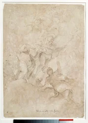 Jupiter vertraut Bacchus Mercure an. Zeichnung von Domenico Canuti. Paris, Louvre Museum