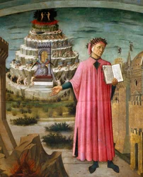 Dante Alighieri hält sein Gedicht, die Göttliche Komödie. Neben ihm befinden sich die Hölle und die Stadt Florenz, im Hintergrund das Fegefeuer und das Paradies