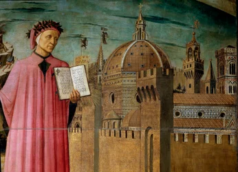 Dante Alighieri präsentiert sein Werk die Göttliche Komödie. Detail des Dichters und der Kuppel der Santa Maria del Fiore, Florenz