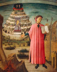 Dante Alighieri mit der Göttlichen Komödie in der Hand und den Bergen des Fegefeuers im Hintergrund, Detail aus der Göttlichen Komödie von Dante Alighieri (1265-1321), Fresko, Basilika Santa Maria del Fiore, Florenz. Italien, 1465