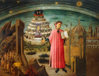Göttliche Komödie, von Dante Alighieri (1265-1321), von Domenico di Michelino (1417-1491), Fresko, Basilika Santa Maria del Fiore, Florenz, Italien