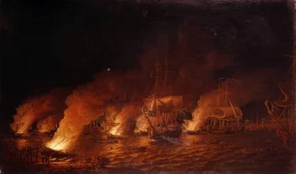 Siebenjähriger Krieg (1756-1763): Französische Kriegsschiffe greifen die britische Flotte vor Quebec City (Kanada) in der Nacht des 28. Juni 1759 an. Öl auf Leinwand