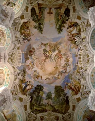 Fresko, das die Kuppel des Klosters Schussenried dekoriert, von Architekt Domenikus Zimmermann (1685-1766) 1730-1731 Schussenried, Deutschland