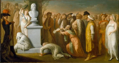 Kampagne (Expedition) von Ägypten (1798-1801): Die Rückkehr von Napoleon Bonaparte (1765-1821) aus Ägypten im Oktober 1799, allegorische Darstellung von General Napoleon, siegreich bei seiner Rückkehr aus Ägypten, symbolisiert durch seine Marmorbüste, die 