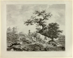 Landschaft mit Windmühle, jungem Mann und Mädchen, und zwei Ochsen