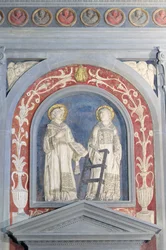 Heiliger Laurentius und Heiliger Stephanus, Flachreliefskulptur über der Nordtür, ca. 1440