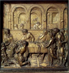 Das Bankett von Herodes Antipas II (21 v. Chr.-39 n. Chr.). Detail des unteren Reliefs des Taufbeckens von Donato di Niccolò di Betto Bardi, genannt Donatello (1386-1466)