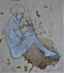 Nachdenkliche blaue Figur