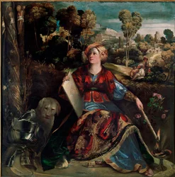 Die Zauberin Circe. Die Hexe ist auf ihrer Insel mit üppiger Vegetation dargestellt, begleitet von einem Hund; eine Rüstung liegt auf dem Boden. Gemälde von Giovanni Luteri, genannt Dosso Dossi (ca. 1489-1542), ca. 1530. Maße: 176 x 174 cm. Rom, Galleria