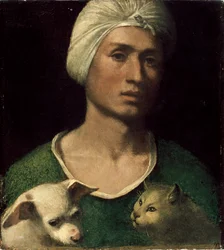 Porträt eines jungen Mannes mit einem Hund und einer Katze
