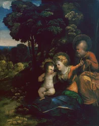 Ruhe auf der Flucht nach Ägypten, von Dosso Dossi, in der Uffizien-Galerie in Florenz