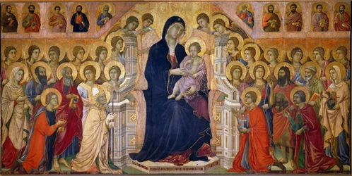 Maestà Madonna mit dem Kind auf dem Thron, verehrt von Heiligen und Engeln. Zentrales Panel. Fresko von Duccio di Buoninsegna (1255-1319)