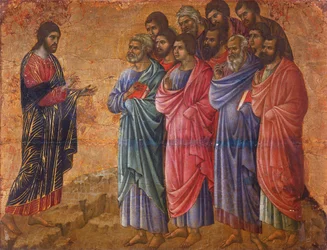 Die Erscheinung Christi auf dem Berg in Galiläa, Detail aus Episoden aus Christi Passion und Auferstehung, Rückseite der Maestà von Duccio-Altar in der Kathedrale von Siena, von Duccio di Buoninsegna (ca. 1255 - vor 1319)