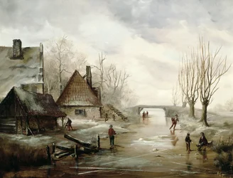 Winterlandschaft mit Schlittschuhläufern im Vordergrund