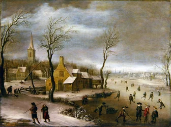 Eine Winterlandschaft mit Kolfspielern