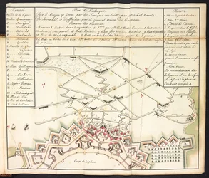 Ein farbiger Plan der Belagerung von Bergen op Zoom (farbige Gravur)