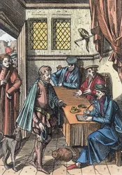 Bailliage oder Tribunal des Königsbailiffs, nach einem Holzstich in Praxis Rerum Civilium von Joos de Damhouder, veröffentlicht in Antwerpen, 1557 (spätere Kolorierung)