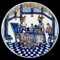 Delfter Porzellanteller mit der Darstellung einer Frau an einem Tisch, die von ihrem Schwarzen Diener bedient wird. 1705, Sèvres, Nationalmuseum für Keramik