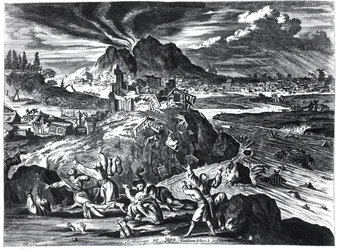 Erdbeben in Edo (Tokio) im Jahr 1659, Illustration aus dem Bericht von Arnold Montanus über die Botschaften der Niederländischen Ostindien-Kompanie an den Kaiser von Japan, veröffentlicht in Amsterdam 1669